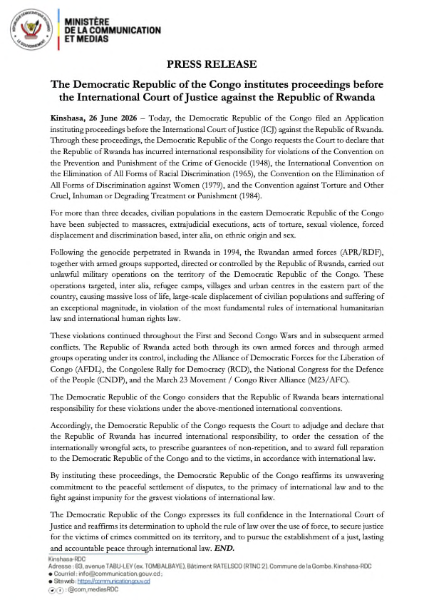 Repubulika Iharanira Demokarasi ya Congo yajyanye u Rwanda mu Rukiko Mpuzamahanga rw'Ubutabera (ICJ) 1000070939
